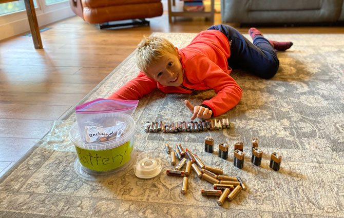 Cole was the first person to complete all five student missions in the Ontario Schools Battery Recycling Challenge. He is pictured here with some of the batteries he recycled.