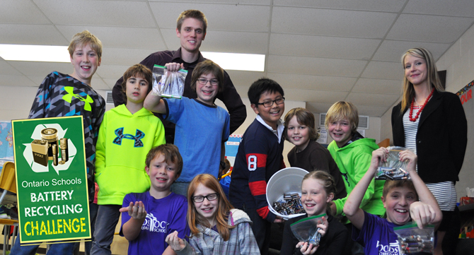 Students participating in the Ontario Schools Battery Recycling Challenge by Raw Materials Company of Port Colborne Ontario pose for a picture. 