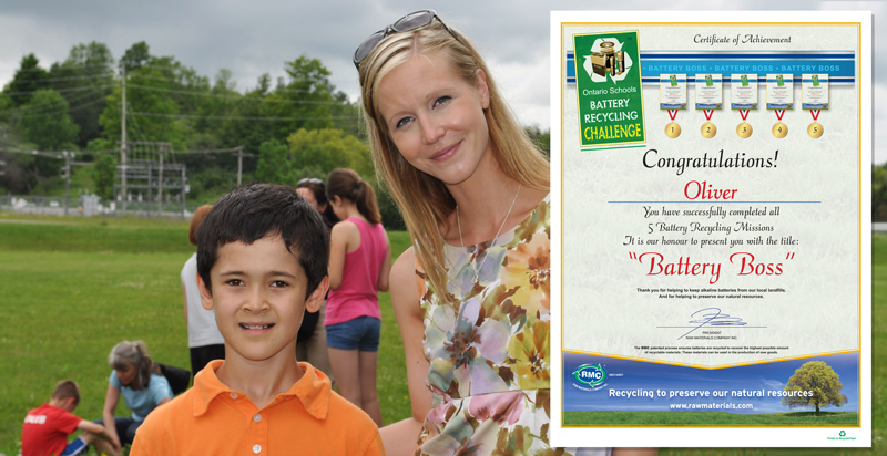 Sarah Lacharity of Raw Materials Company poses with Oliver, one of many Battery Bosses in the Ontario Schools Battery Recycling Challenge. Oliver completed Student Missions for a chance to win a $50 Visa Gift Card, and he won!