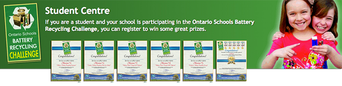 Student participating in the Ontario Schools Battery Recycling Challenge can sign up for Student Missions to win prizes!